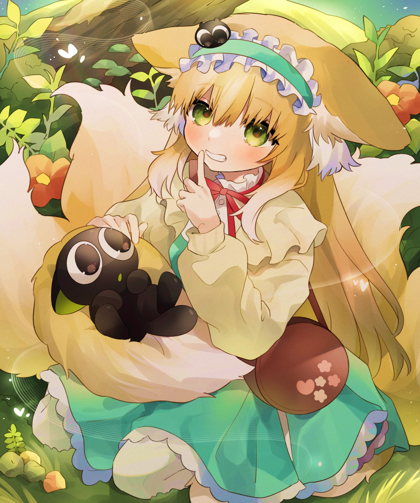 1girl absurdres animal_ears animal_on_head arknights bag black_cat blonde_hair blush brown_bag cardigan cat cat_on_head clenched_teeth day dress finger_to_mouth flower forest fox_ears fox_girl fox_tail frilled_hairband frills grass green_dress green_eyes hair_between_eyes hair_down hairband highres index_finger_raised leaf long_hair long_sleeves looking_at_viewer luoxiaohei nature neck_ribbon official_alternate_costume on_head open_cardigan open_clothes outdoors red_flower red_ribbon ribbon satchel seiza shoulder_bag shushing sitting smile solo suzuran_(arknights) suzuran_(praise_spring)_(arknights) tail takumi_mizuki teeth the_legend_of_luo_xiaohei yellow_cardigan