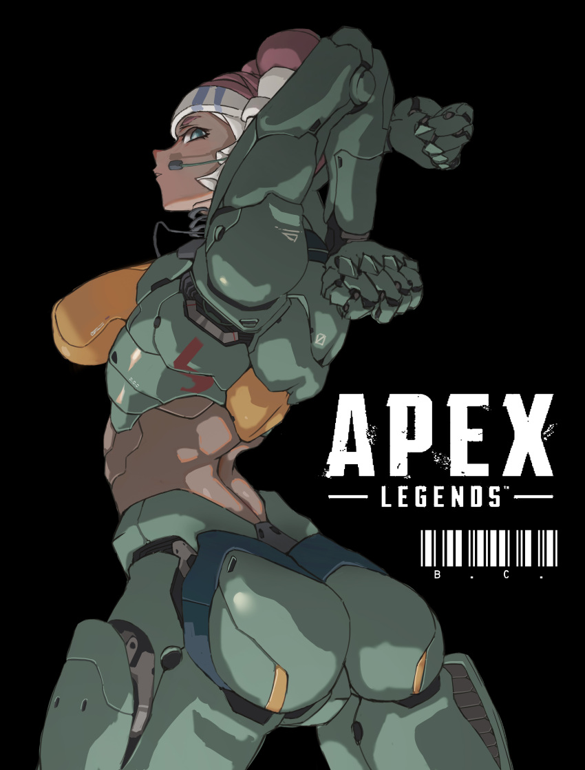 1girl absurdres android animification apex_legends arched_back ass barcode black_background breasts cable clenched_hands copyright_name dark-skinned_female dark_skin double_bun hair_bun headband headset highres large_breasts lifeline_(apex_legends) logo looking_back mechanical_arms mechanical_legs mechanization parted_lips red_hair solo white_headband yangzhe_da_baicai
