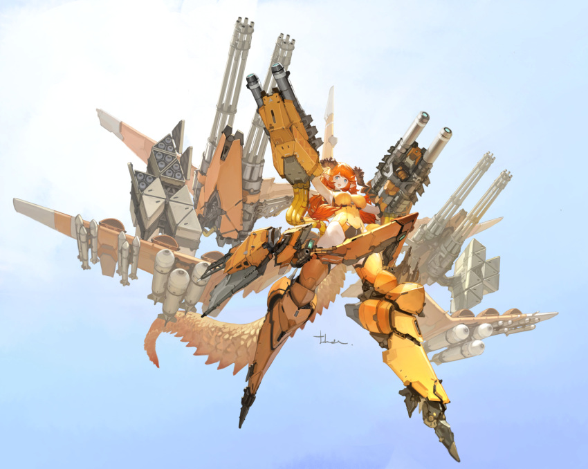 1girl arm_cannon breasts covered_navel dragon_tail flying from_below gatling_gun horns large_breasts leotard long_hair long_pointy_ears mecha_musume mechanical_legs mechanical_wings missile missile_pod open_mouth orange_hair original pointy_ears science_fiction smile solo tail takayama_toshiaki weapon wings yellow_leotard