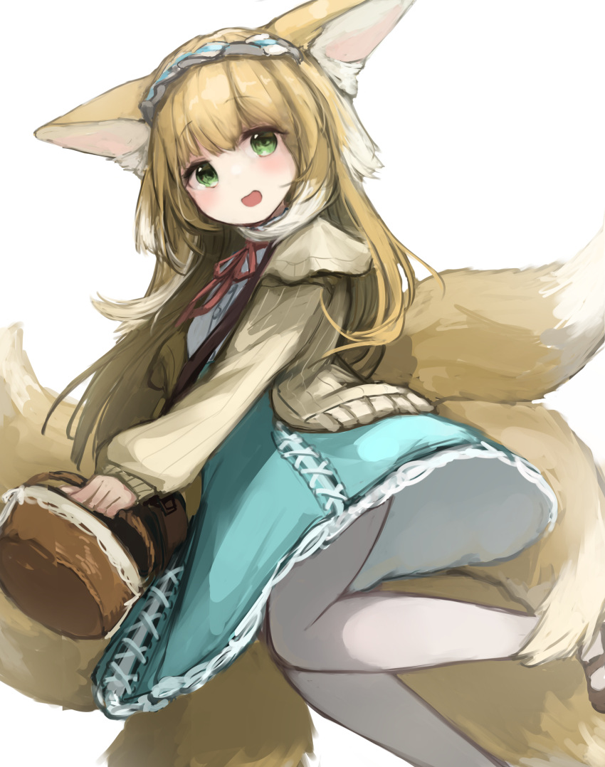 1girl absurdres animal_ears arknights basket black_footwear blonde_hair blush cardigan dress fox_ears fox_girl fox_tail green_dress green_eyes hair_down hairband highres holding holding_basket kitsune long_hair long_sleeves looking_at_viewer multicolored_hair multiple_tails neck_ribbon official_alternate_costume open_cardigan open_clothes open_mouth pantyhose red_ribbon ribbon shoes simple_background solo streaked_hair suzuran_(arknights) suzuran_(praise_spring)_(arknights) tail teruriu white_background white_hair white_pantyhose yellow_cardigan