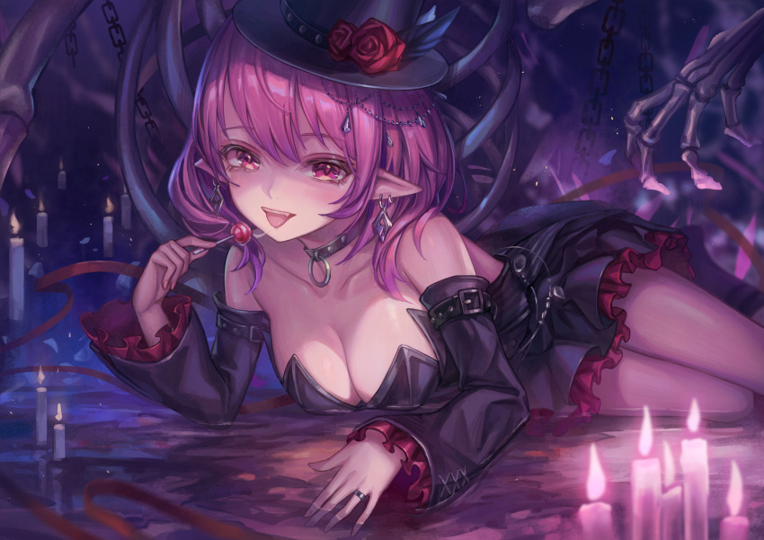 1girl bangs bare_shoulders black_dress breasts bug butterfly candy cleavage closed_mouth commentary_request dress food hair_between_eyes highres lollipop looking_at_viewer lucid_(maplestory) lying maplestory medium_breasts on_side on_stomach pink_eyes pink_hair pointy_ears short_hair yahiro_(heartseek000)