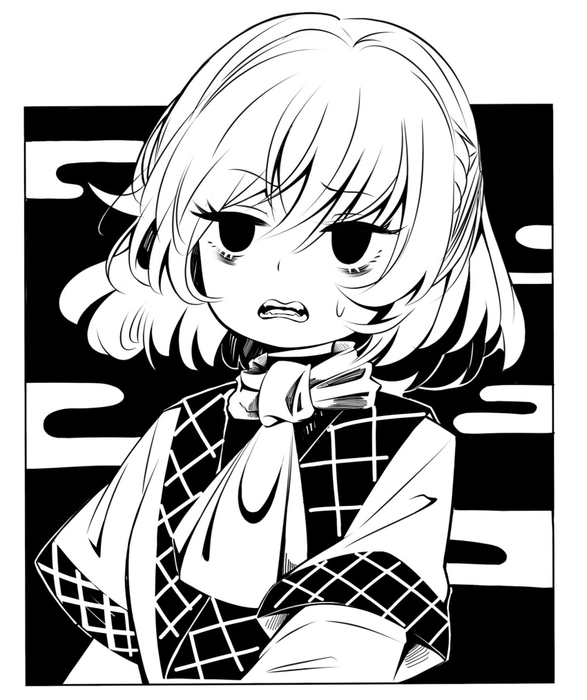 1341398tkrtr 1girl ascot bags_under_eyes bangs commentary_request frown half_updo high_contrast highres jitome looking_at_viewer mizuhashi_parsee monochrome open_mouth outside_border short_hair short_sleeves solo sweatdrop teeth touhou upper_body