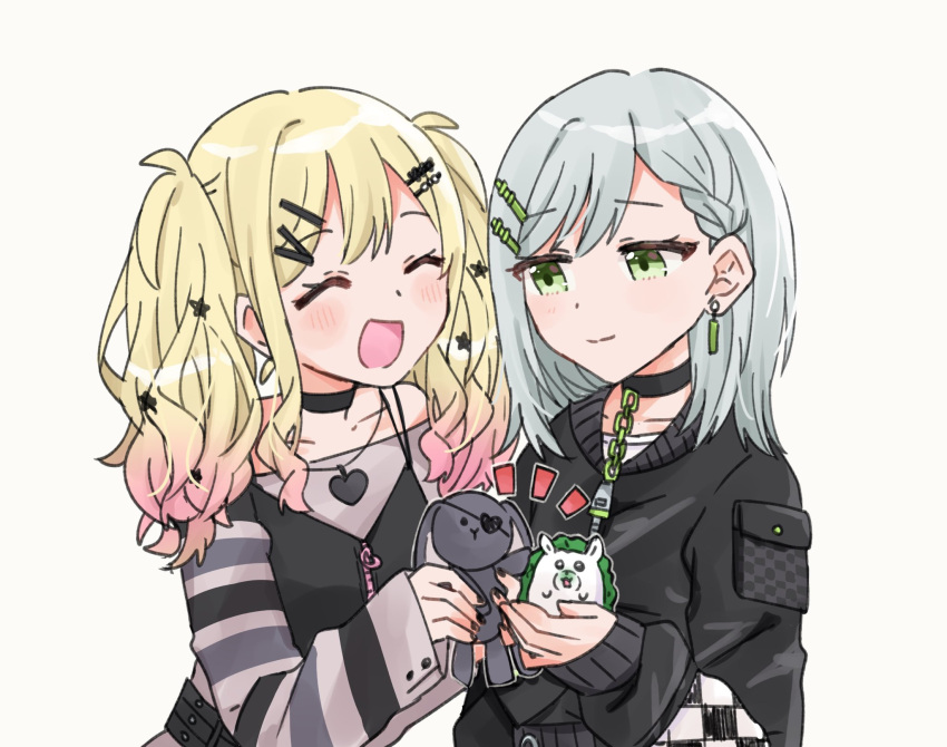 2girls :d ^_^ black_choker black_jacket black_shirt blush braid chain_necklace choker closed_eyes closed_mouth collarbone commentary eyepatch gradient_hair green_eyes hair_ornament hairclip heart heart_eyepatch highres hinomori_shiho jacket jewelry long_hair medium_hair multicolored_hair multiple_girls mumusuke necklace open_mouth pink_hair project_sekai shirt smile star_(symbol) star_hair_ornament striped_sleeves stuffed_animal stuffed_bunny stuffed_hedgehog stuffed_toy symbol-only_commentary tag_earrings tenma_saki twintails upper_body white_background