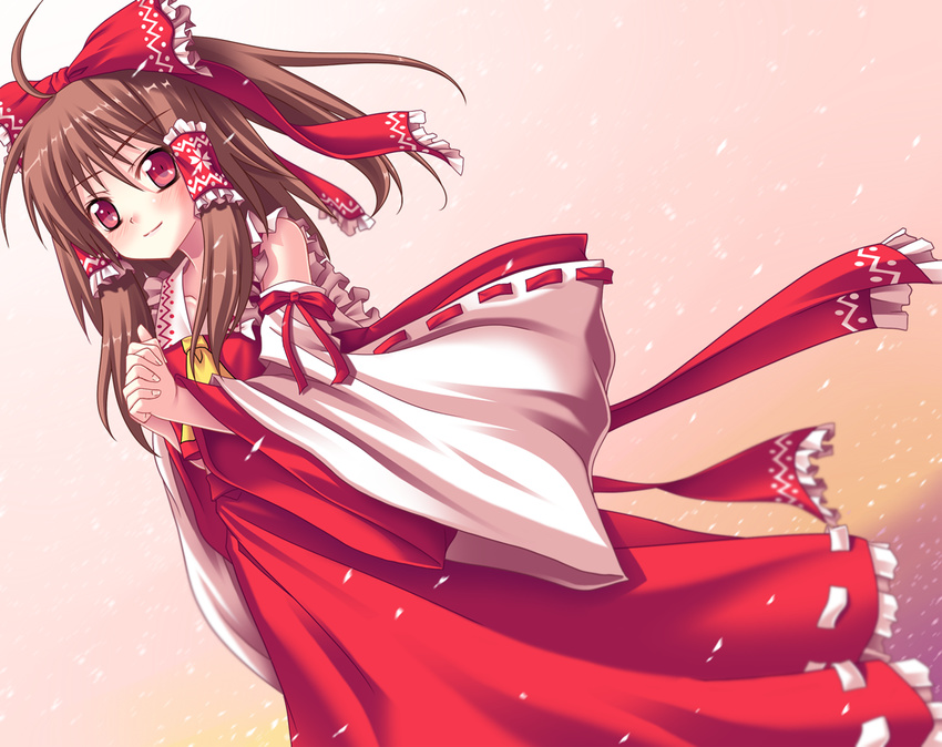 ahoge ascot blush bow brown_hair detached_sleeves hair_bow hakurei_reimu hands_clasped ina_(inadahime) own_hands_together red_eyes short_hair smile solo touhou