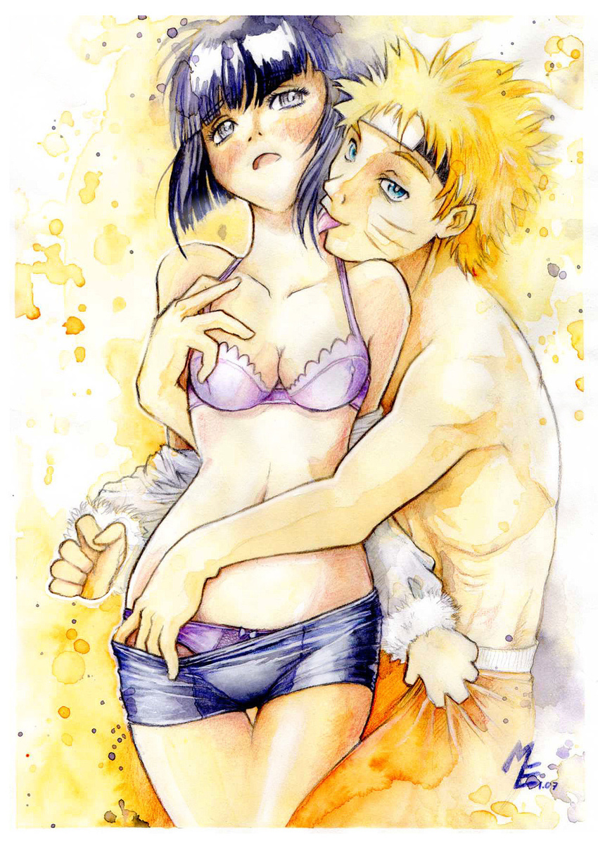 artist_request bare_shoulders blonde_hair blue_eyes blue_hair blush bra breasts collarbone couple facial_mark forehead_protector highres hyuuga_hinata licking lingerie male male_focus naruto open_mouth panties short_hair tongue underwear undressing uzumaki_naruto white_eyes