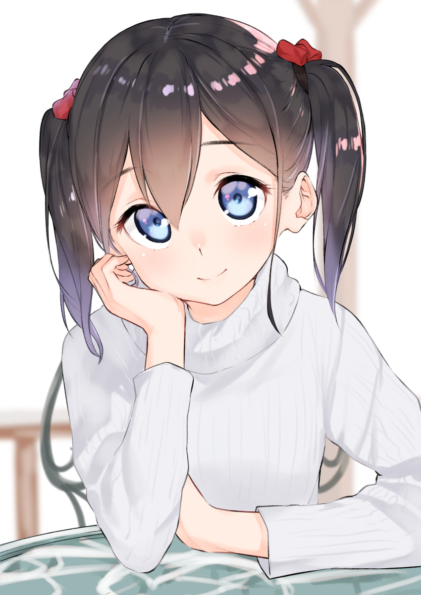 1girl bangs black_hair blue_eyes blurry blush bow chair depth_of_field eyebrows_visible_through_hair hair_between_eyes hair_bow hair_strand hand_on_own_cheek hand_on_table hand_up head_rest head_tilt highres looking_at_viewer original ribbed_sweater sitting smile solo suzunari_shizuku sweater table turtleneck turtleneck_sweater twintails upper_body yuki_arare