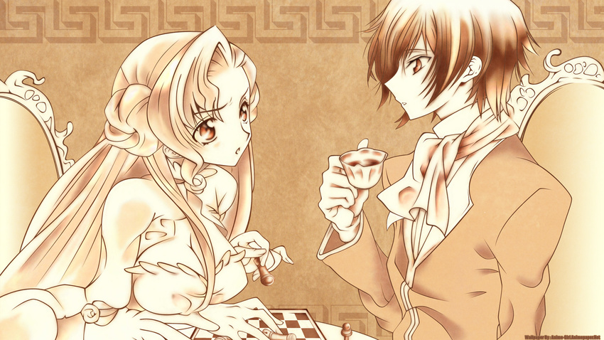 board_game breasts brother_and_sister chess cleavage code_geass cup euphemia_li_britannia highres iyou lelouch_lamperouge sepia siblings