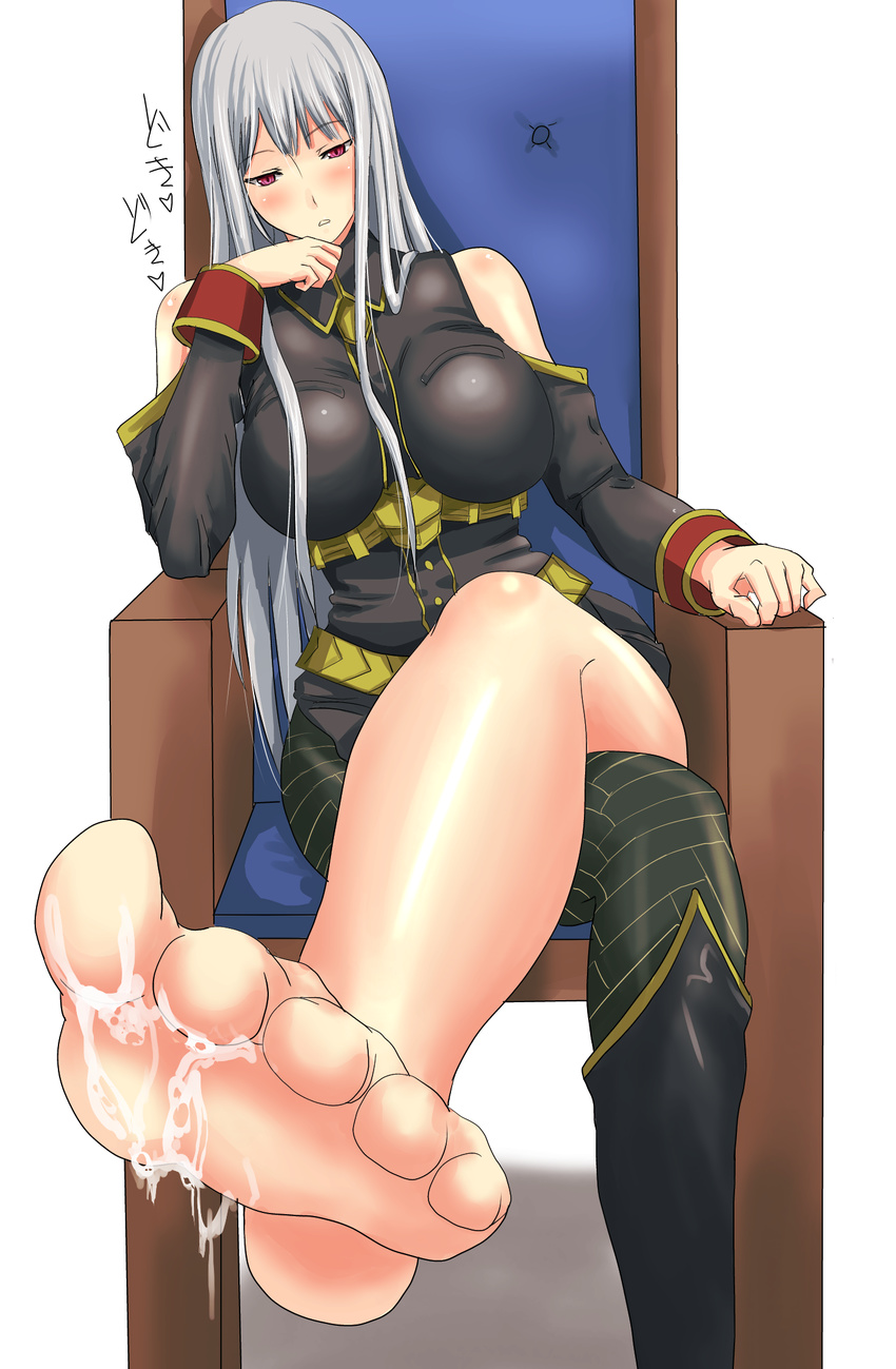 1girl bare_shoulders barefoot big_breasts blush breasts chair crossed_legs cum cum_on_body cum_on_feet cum_on_foot cum_on_lower_body feet female highres large_breasts legs_crossed long_hair military military_uniform pantyhose red_eyes selvaria_bles senjou_no_valkyria senjou_no_valkyria_1 silver_hair sitting solo uniform white_background