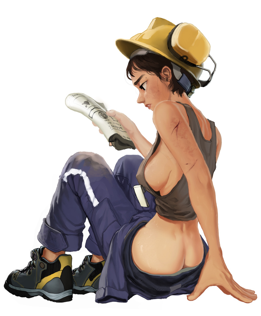 1girl absurdres ass black_eyes blue_pants breasts brown_hair butt_crack cuts dirty downpants from_behind full_body grey_tank_top helmet highres holding holding_paper injury medium_breasts no_bra original pants paper parted_lips rifleman1130 shoes short_hair sideboob simple_background sitting sneakers tank_top white_background