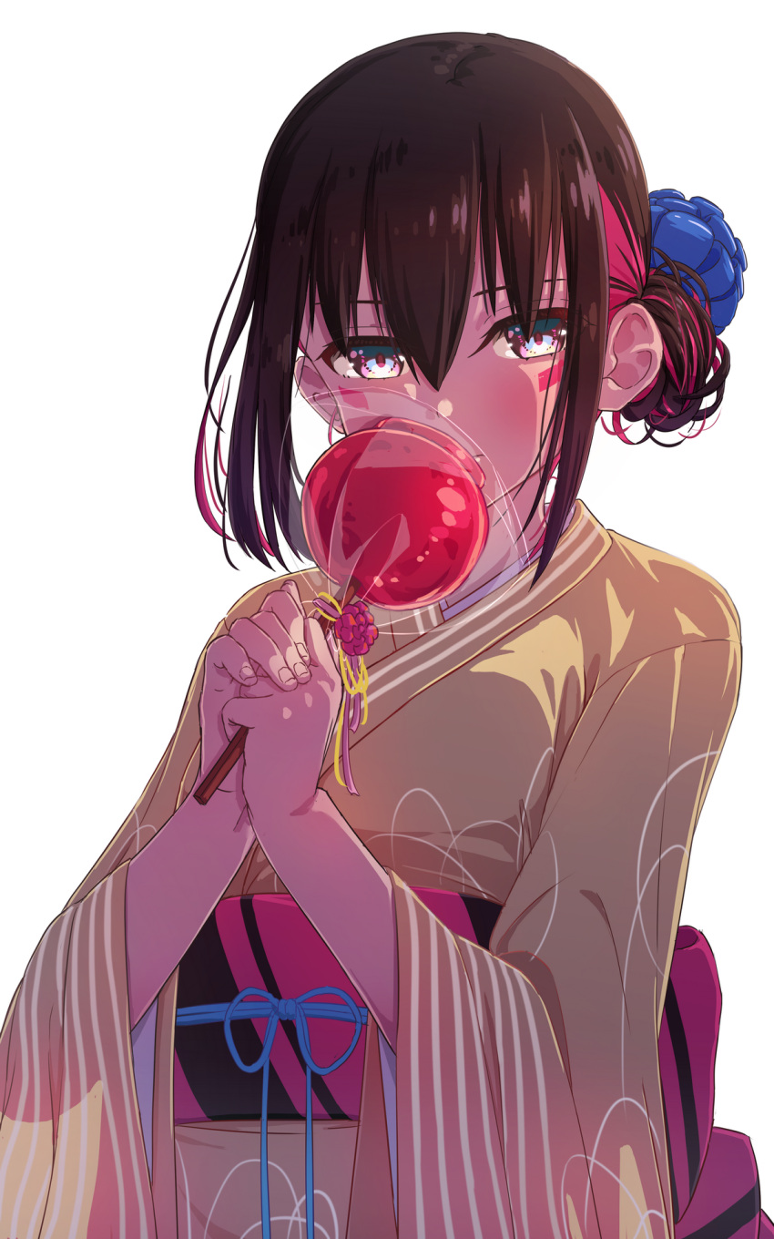 1girl alternate_costume alternate_hairstyle azki_(hololive) black_hair candy_apple closed_mouth colored_inner_hair commentary facepaint flower food hair_bun hair_flower hair_ornament highres holding holding_food hololive japanese_clothes kimono loeldrive looking_at_viewer medium_hair multicolored_hair obi obijime own_hands_together pink_hair purple_eyes sash simple_background solo two-tone_hair upper_body virtual_youtuber white_background wide_sleeves yellow_kimono yukata