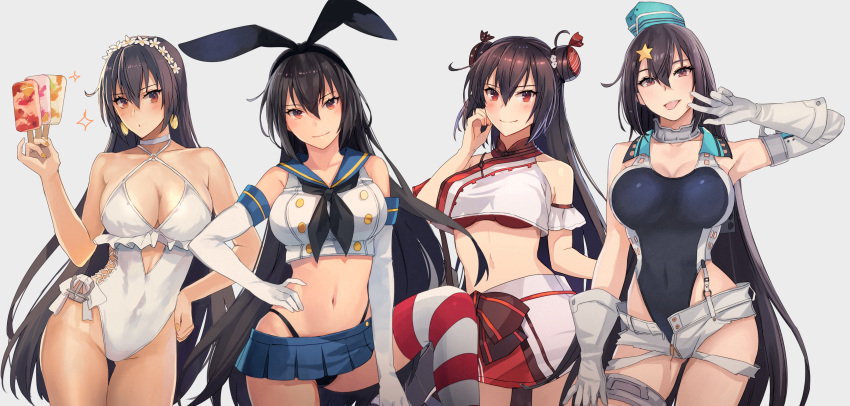 4girls :o absurdres anchor_ornament aqua_headwear ass_visible_through_thighs black_hair black_neckerchief black_one-piece_swimsuit black_panties blue_sailor_collar blue_skirt blush breasts brown_background brown_eyes casual_one-piece_swimsuit choker cleavage closed_mouth cloud cloudy_sky collarbone competition_swimsuit compilation cosplay covered_navel cowboy_shot criss-cross_halter crop_top day double_bun earrings elbow_gloves flower food food-themed_earrings frilled_swimsuit frills garrison_cap gloves grey_background hair_between_eyes hair_bun hair_flower hair_ornament hairband halterneck hat highleg highleg_panties highleg_swimsuit highres holding holding_food ice_cream ice_cream_bar jewelry kantai_collection kasumi_(skchkko) large_breasts lemon_earrings long_hair looking_at_viewer machinery microskirt multiple_girls nagato_(kancolle) navel neckerchief o-ring o-ring_swimsuit o-ring_top one-piece_swimsuit panties pleated_skirt popsicle red_eyes rigging sagiri_(kancolle) sagiri_(kancolle)_(cosplay) sailor_collar scamp_(kancolle) scamp_(kancolle)_(cosplay) school_uniform serafuku shimakaze_(kancolle) shimakaze_(kancolle)_(cosplay) shirt short_shorts shorts side-tie_swimsuit simple_background skirt sky sleeveless sleeveless_shirt smile standing star_(symbol) star_hair_ornament striped striped_thighhighs swimsuit tan_yang_(kancolle) tan_yang_(kancolle)_(cosplay) thigh_gap thighhighs turret underwear very_long_hair water white_choker white_gloves white_one-piece_swimsuit white_shirt white_shorts white_skirt yellow_nails yukikaze_(kancolle)