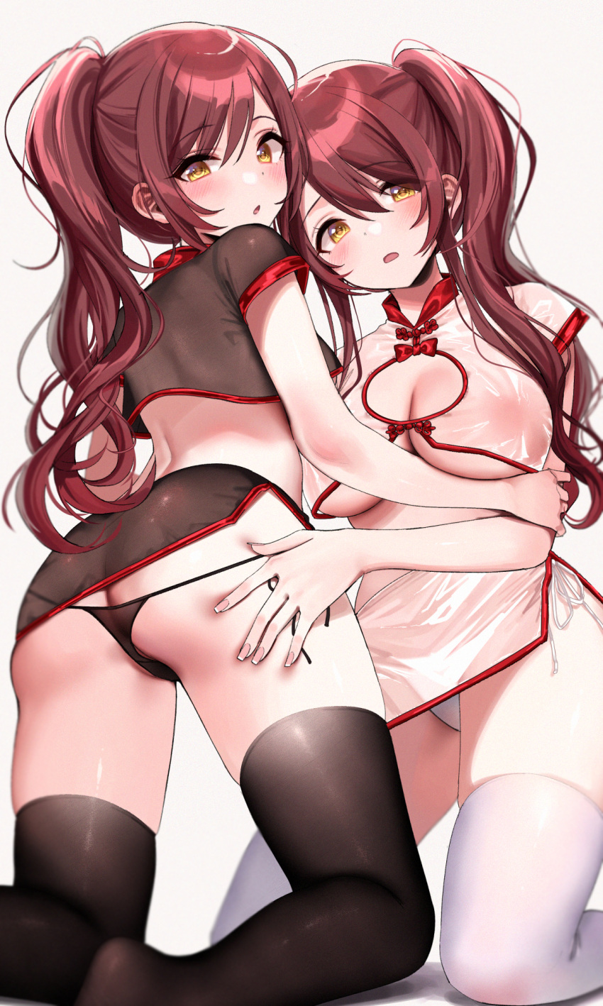 2girls :o ass black_panties black_thighhighs breasts chinese_clothes cleavage_cutout clothing_cutout commentary_request gradient gradient_background grey_background hair_between_eyes highres idolmaster idolmaster_shiny_colors kneeling large_breasts long_hair looking_at_viewer mirei multiple_girls open_mouth osaki_amana osaki_tenka panties ponytail red_hair see-through siblings side-tie_panties side_ponytail sisters thighhighs twins underboob underwear white_panties white_thighhighs yellow_eyes