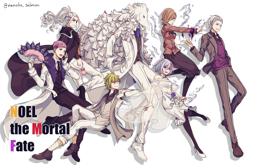 3girls 4boys animal_head black_necktie blue_hair caesar_(higyaku_no_noel) card character_request colored_skin cybilla_becker demon_boy dress eyepatch folding_fan formal frilled_necktie fur-trimmed_jacket fur_trim gillian_littner glasses grey_hair hair_over_one_eye hand_fan highres higyaku_no_noel holding holding_card holding_fan jacket jacket_on_shoulders jino_lorenzi light_blue_hair long_hair long_skirt madame_coffin multiple_boys multiple_girls nanoko necktie old old_woman pink_hair playing_card ponytail russell_burrows short_hair skirt suit white_dress white_skin white_suit wrinkled_skin