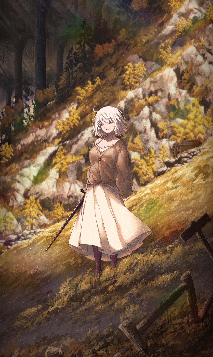 1girl alternate_costume autumn brown_cardigan cardigan closed_eyes dress fate/grand_order fate_(series) forest full_body highres jeanne_d'arc_alter_(fate) long_sleeves nature ru_251 scabbard sheath sheathed short_hair smile solo standing sword tree weapon white_dress white_hair
