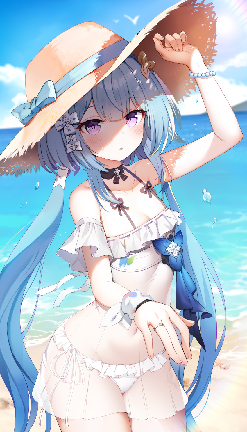 1girl absurdres arm_up bangs bare_shoulders bikini blue_bow blue_hair blue_sky bow bracelet breasts brown_headwear cleavage cloud commentary_request day frilled_bikini frills griseo hat hat_bow highres honkai_(series) honkai_impact_3rd horizon jehyun jewelry long_hair looking_at_viewer ocean outdoors parted_lips pearl_bracelet purple_eyes sky small_breasts solo straw_hat swimsuit very_long_hair water