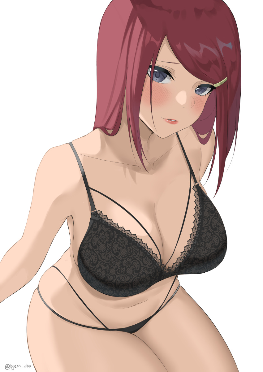 1girl absurdres black_bra black_panties blue_eyes blush bra breasts byeon cleavage collarbone hair_ornament hairclip highres lace-trimmed_bra lace_trim large_breasts lips long_hair looking_at_viewer mature_female naruto naruto_(series) naruto_shippuuden panties parted_lips raised_eyebrows red_hair simple_background sitting solo straight_hair twitter_username underwear underwear_only uzumaki_kushina white_background