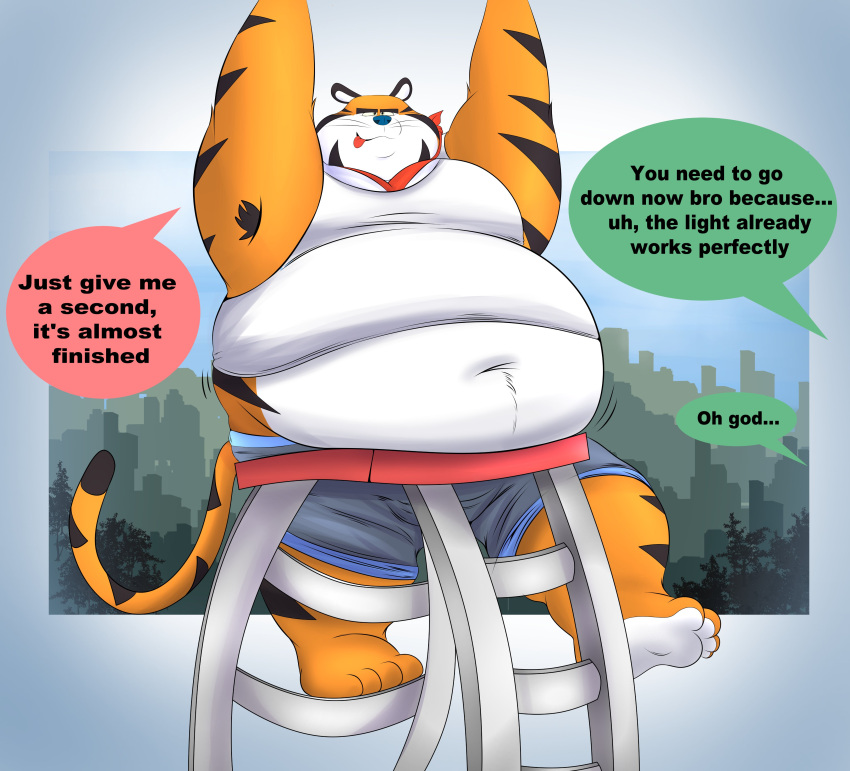 2022 absurd_res anthro armpit_hair belly big_belly body_hair bottomwear clothing countershading eddiefragoso felid frosted_flakes hi_res kellogg's male mammal mascot navel obese obese_male orange_body overweight overweight_male pantherine shirt shorts solo tiger tony_the_tiger topwear white_body