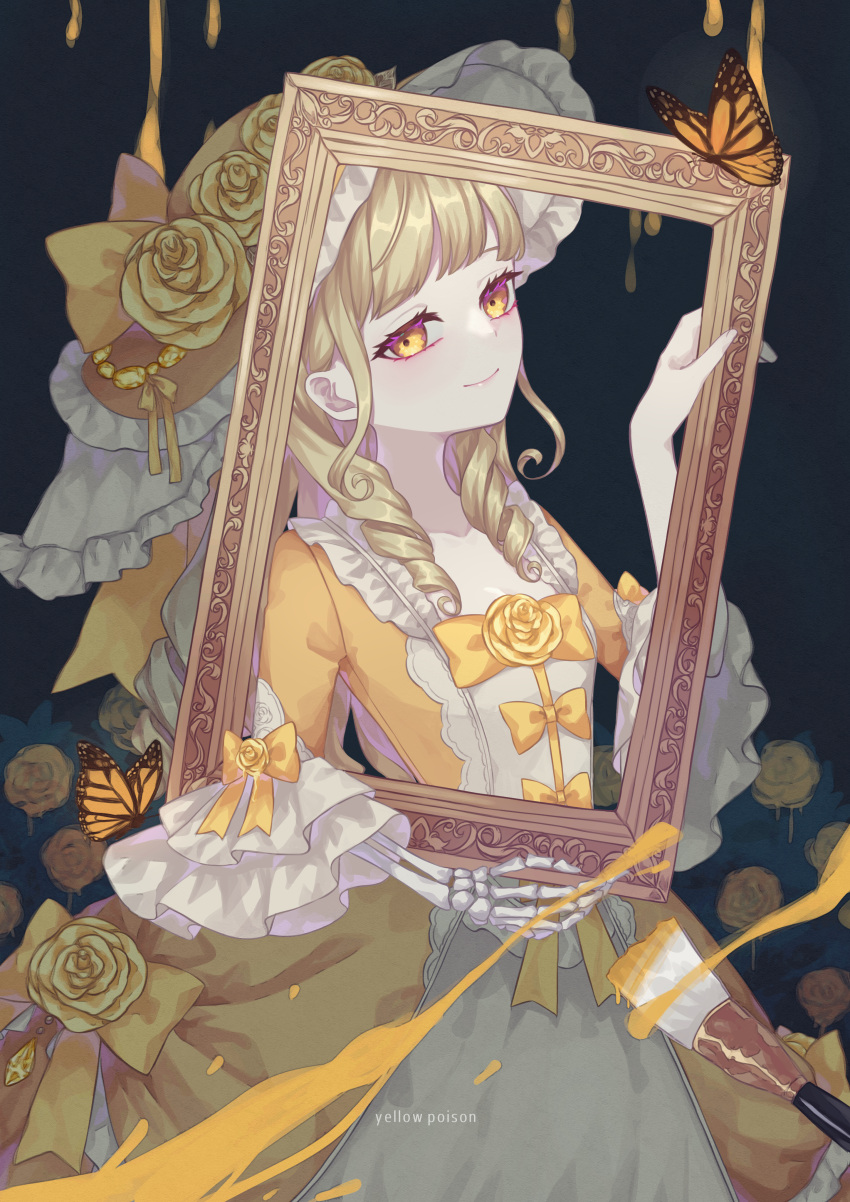 1girl absurdres akikawa_higurashi bangs black_background blonde_hair bow bug butterfly cowboy_shot dress dress_bow dress_flower drill_hair flower hat hat_flower highres holding holding_frame long_hair looking_at_viewer orange_butterfly original picture_frame rose skeletal_arm smile solo wide_sleeves yellow_dress yellow_eyes yellow_flower yellow_headwear yellow_rose