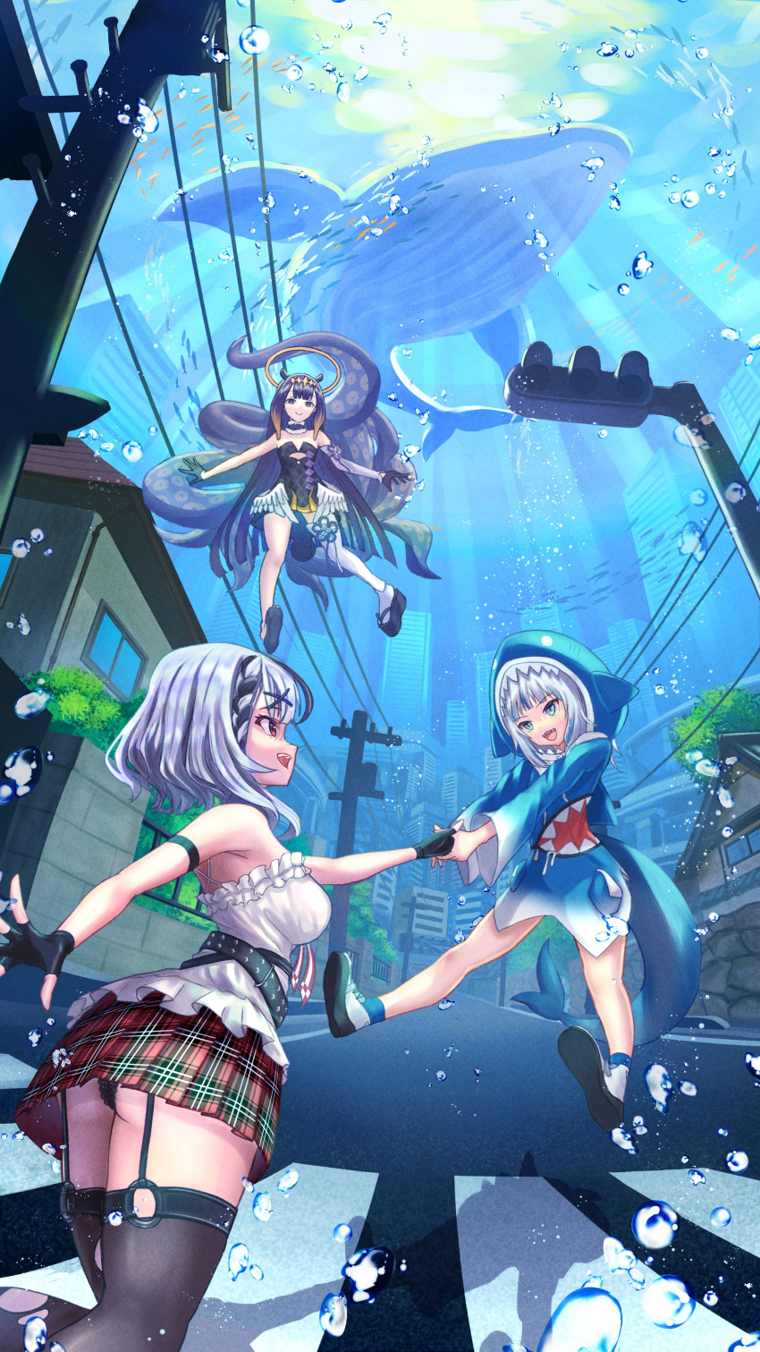 3girls absurdres animal_hood arm_strap belt black_belt black_footwear black_gloves black_hair black_panties black_thighhighs blue_eyes blue_hair blue_hood breasts camisole commentary dress english_commentary fingerless_gloves fish_tail garter_straps gawr_gura gloves grey_hair hair_ornament halo highres hololive hololive_english hood lace-trimmed_panties lace_trim large_breasts long_hair looking_at_another low_wings medium_hair multicolored_hair multiple_girls ninomae_ina'nis open_mouth panties plaid plaid_skirt purple_dress purple_hair red_eyes red_skirt roboqlo sakamata_chloe shark_girl shark_hood shark_tail sharp_teeth shoes skirt small_breasts streaked_hair tail teeth tentacle_hair tentacles thighhighs torn_thighhighs underwater underwater_city underwear virtual_youtuber whale white_camisole white_footwear white_hair wings x_hair_ornament