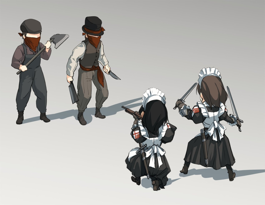 2boys 2girls asterisk_kome axe bag bandana cleaver dual_wielding emblem grey_background gun hat holding horns long_hair long_sleeves maid maid_headdress mask mouth_mask multiple_boys multiple_girls orc original red_bandana rifle shadow shirt short_hair suspenders sword top_hat vest weapon white_shirt