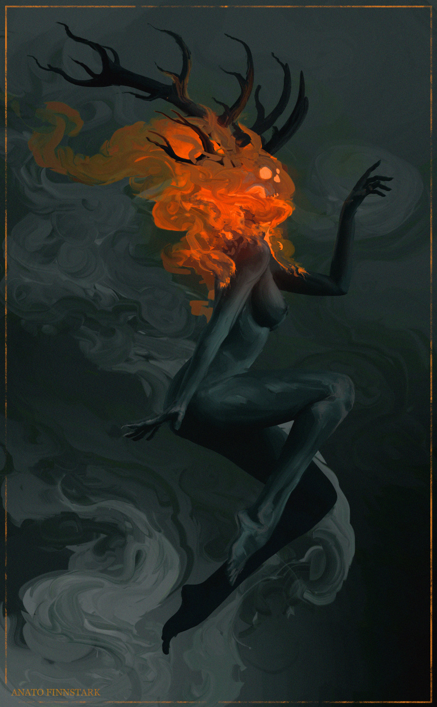1girl absurdres anato_finnstark antlers barefoot burning completely_nude floating from_side grey_theme hand_up highres nipples nude original signature skeleton solo