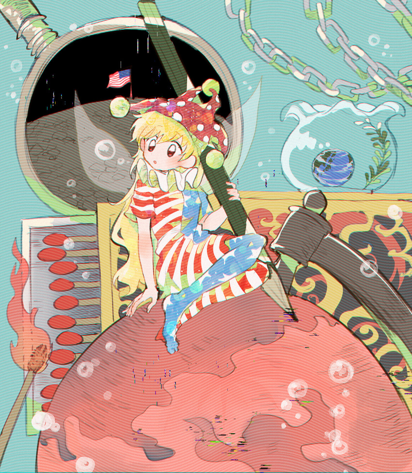 1girl american_flag american_flag_dress american_flag_legwear blonde_hair blush chain clownpiece dress earth_(planet) fairy fairy_wings fire full_body hair_between_eyes hat highres holding holding_pencil itomugi-kun jester_cap long_hair magnifying_glass matchbox matches matchstick moon oversized_object pantyhose parted_lips pencil pink_headwear planet polka_dot polka_dot_headwear red_eyes short_sleeves solo star_(symbol) star_print striped striped_dress striped_pantyhose touhou wings