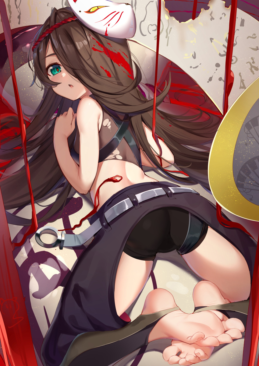 1girl absurdres ass bare_arms blue_eyes brown_hair crop_top feet from_behind hair_over_one_eye highres long_hair looking_back lying mask mask_on_head nahaki on_stomach soles solo toes