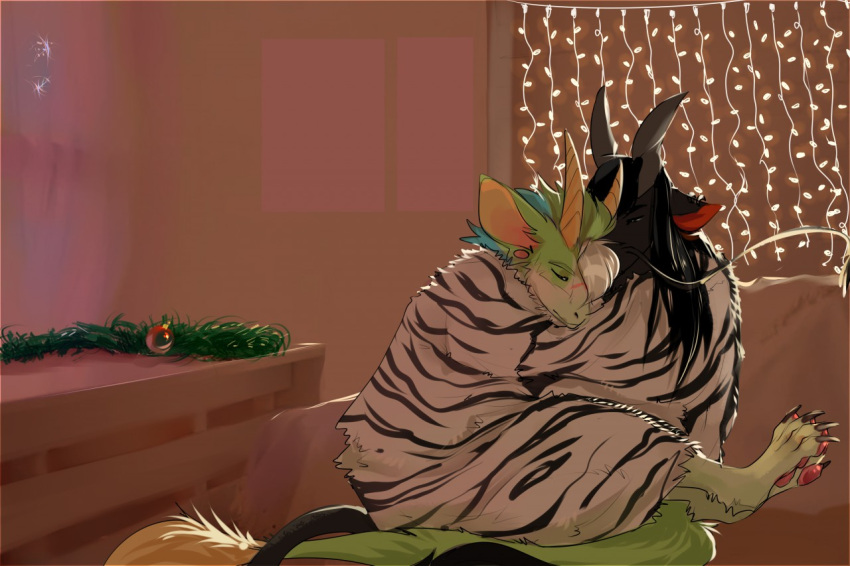 anthro bedding black_body black_claws black_hair black_tail blanket christmas_decorations claws cuddling dragon duo eyes_closed famir_(artist) famir_(character) fur furred_dragon green_body green_fur green_tail grey_horn hair horn inside male mouth_closed pawpads red_inner_ear red_pawpads sitting striped_blanket unsigned