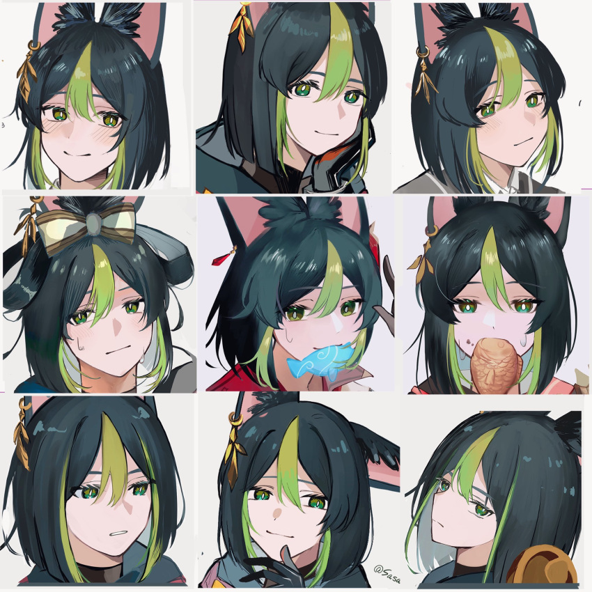 1boy alternate_hairstyle animal_ear_fluff animal_ears black_hair blunt_ends blush cheek_rest earrings eating expression_chart food fox_boy fox_ears frown genshin_impact green_eyes green_hair hair_between_eyes head_tilt highres holding holding_food jewelry looking_at_viewer mouth_hold multicolored_hair multiple_views satomemaru short_hair signature single_earring smile streaked_hair sweatdrop taiyaki tighnari_(genshin_impact) twitter_username wagashi