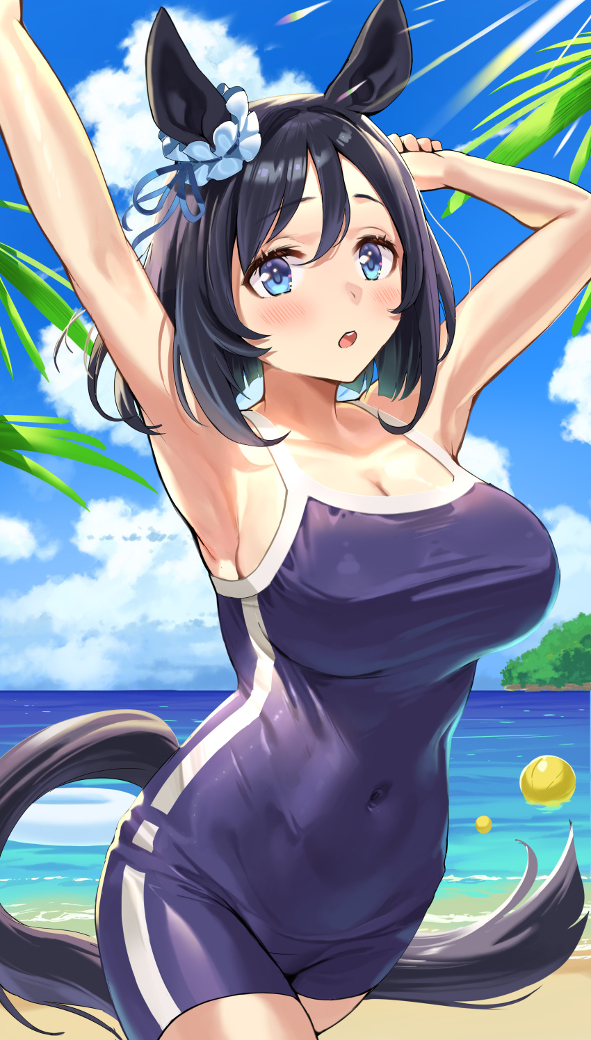 1girl :o absurdres animal_ears armpits arms_up ball bangs beach beachball black_hair black_ribbon blue_eyes blue_one-piece_swimsuit blue_sky blunt_ends blush bob_cut breasts cleavage clenched_hand cloud commentary_request competition_school_swimsuit covered_navel cowboy_shot day ear_ornament ear_ribbon ear_scrunchie eishin_flash_(umamusume) from_side hair_between_eyes highres horizon horse_ears horse_girl horse_tail large_breasts light_rays looking_at_viewer medium_hair mikumo_(lpmkookm) ocean one-piece_swimsuit open_mouth outdoors palm_leaf palm_tree parted_bangs ribbon school_swimsuit scrunchie sideboob single_vertical_stripe sky solo standing straight_hair striped striped_ribbon sunbeam sunlight swimsuit tail tail_through_clothes taut_clothes tracen_swimsuit tree umamusume water wet wet_clothes wet_swimsuit white_scrunchie