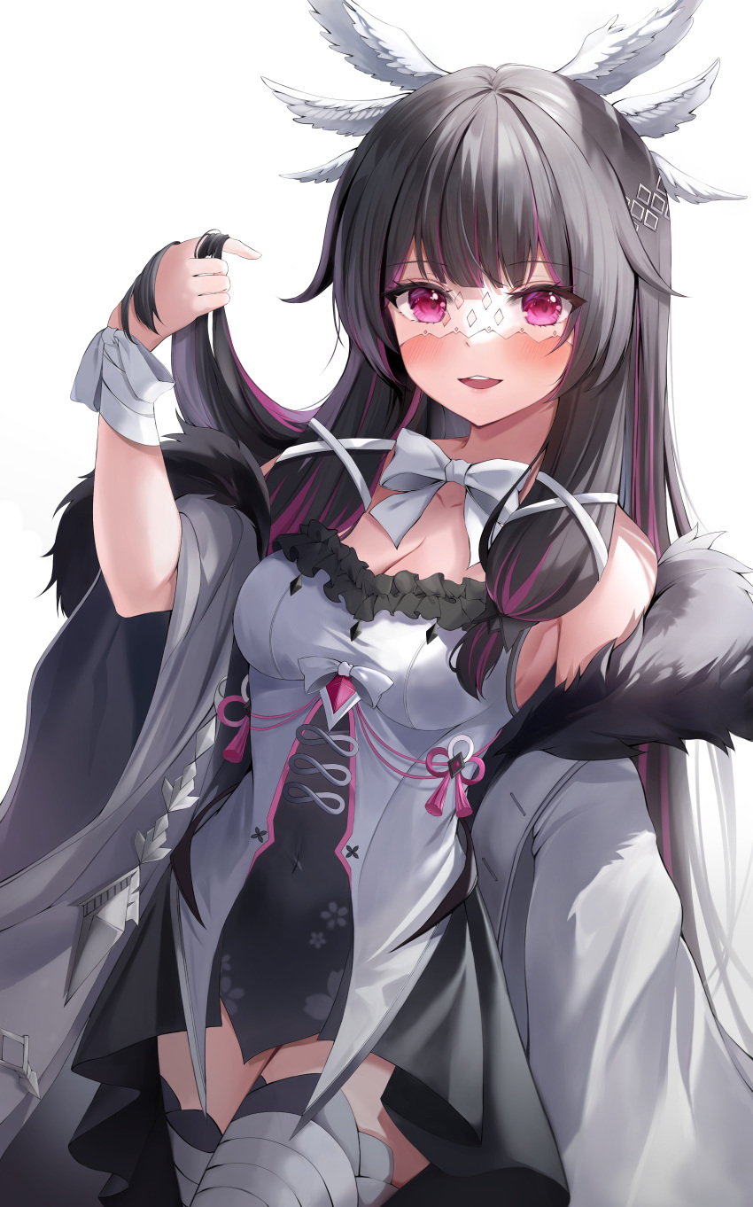 1girl absurdres bangs black_hair blush bow bowtie breasts cleavage coat columbina_(genshin_impact) covered_navel cowboy_shot dress eye_mask frilled_dress frills fur-trimmed_coat fur_trim genshin_impact hair_flaps hair_ornament hand_up hasom head_wings highres holding holding_hair long_hair looking_at_viewer medium_breasts multicolored_hair off_shoulder open_clothes open_coat parted_lips red_eyes red_hair ribbon see-through_mask sidelocks simple_background smile solo streaked_hair teeth thighlet twintails two-tone_dress two-tone_hair upper_teeth white_background white_bow white_bowtie white_coat white_dress white_ribbon white_wings wide_sleeves wings wrist_ribbon zettai_ryouiki