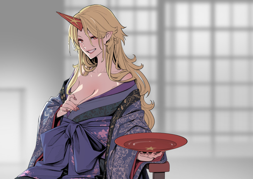 1girl bare_shoulders blonde_hair blue_kimono blurry blurry_background breasts cleavage clothes_down collarbone commentary_request cup grey_background grin hair_behind_ear hair_over_shoulder half-closed_eyes highres holding holding_clothes holding_cup horns hoshiguma_yuugi indoors japanese_clothes kawayabug kimono large_breasts long_hair looking_at_viewer naughty_face off_shoulder pointy_ears red_eyes red_horns sakazuki shouji single_horn sliding_doors slit_pupils smile solo star_(symbol) touhou wide_sleeves