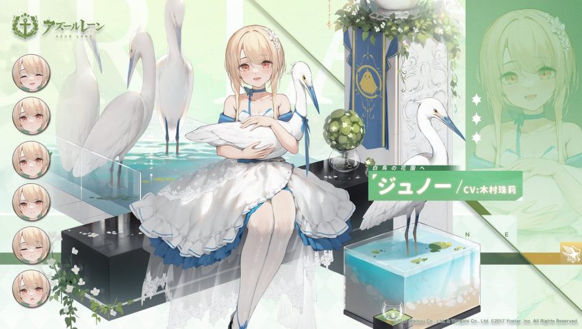 animal artist_request azur_lane bird blonde_hair blue_dress breasts cleavage dress expressions feet_out_of_frame flower frilled_dress frills hair_flower hair_ornament holding holding_animal holding_bird juneau_(azur_lane) layered_dress manjuu_(azur_lane) official_alternate_costume official_art pantyhose promotional_art red_eyes see-through see-through_dress sitting small_breasts strapless strapless_dress two-tone_dress wading white_bird white_flower white_pantyhose
