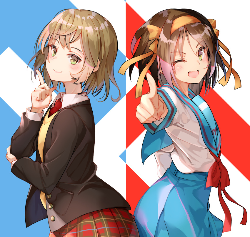 2girls ;d absurdres bangs blazer blue_sailor_collar blue_skirt blush brown_eyes brown_hair brown_jacket closed_mouth commentary_request hair_ribbon hairband highres jacket kita_high_school_uniform long_sleeves looking_at_viewer multiple_girls necktie one_eye_closed open_mouth plaid plaid_skirt pointing pointing_at_viewer red_necktie red_ribbon red_skirt ribbon sailor_collar sasaki_(suzumiya_haruhi) school_uniform serafuku shiroyu shirt short_hair skirt smile suzumiya_haruhi suzumiya_haruhi_no_yuuutsu sweater_vest white_shirt yellow_hairband yellow_ribbon yellow_sweater_vest