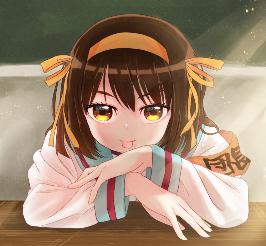 12nekosan21 1girl armband bangs blue_sailor_collar blue_skirt brown_eyes brown_hair chalkboard commentary_request hair_ribbon hairband indoors kita_high_school_uniform long_sleeves looking_at_viewer ribbon sailor_collar school_uniform serafuku short_hair sitting skirt solo suzumiya_haruhi suzumiya_haruhi_no_yuuutsu table tongue tongue_out upper_body yellow_hairband yellow_ribbon