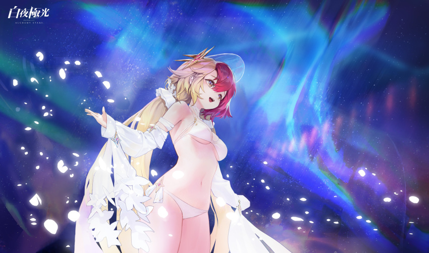 1girl absurdres agoto alchemy_stars bangs bare_shoulders bikini blonde_hair breasts cowboy_shot detached_sleeves gronru_(alchemy_stars) hair_between_eyes hair_ornament highres long_hair low_twintails medium_breasts multicolored_hair navel night night_sky open_mouth red_hair side-tie_bikini_bottom sky sleeves_past_fingers sleeves_past_wrists slit_pupils smile solo swimsuit teeth thighs twintails two-tone_hair upper_teeth very_long_hair white_bikini yellow_eyes