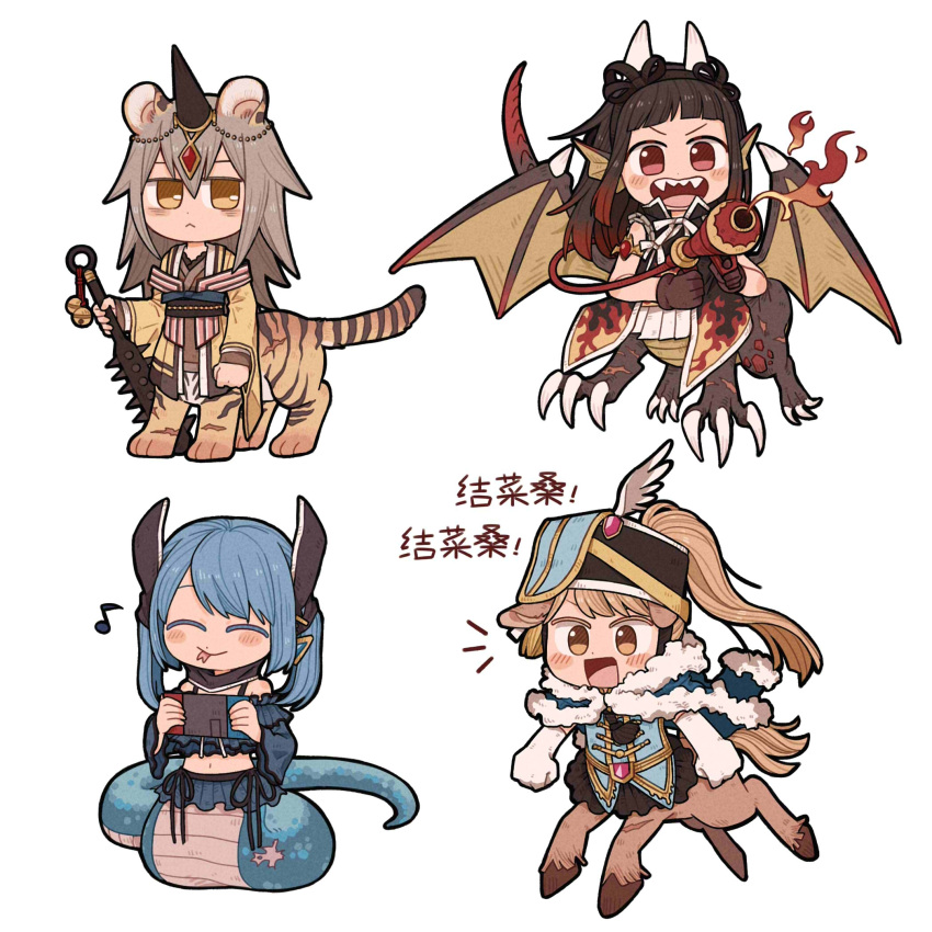 4girls :&lt; :d :p animal_ears armlet bags_under_eyes bangs belt black_hair black_headwear black_horns black_jacket black_ribbon black_sash black_scarf black_skirt blue_cape blue_gemstone blue_hair blue_shirt blue_skirt blue_vest blunt_bangs blush brown_gloves brown_kimono cantaurus cape centaur centauroid chain chibi claws closed_eyes closed_mouth club_(weapon) colored_eyelashes colored_tips crop_top dragon_girl earrings flame_print flamethrower forehead_jewel forked_tongue frilled_shirt frilled_skirt frills fur-trimmed_cape fur_trim gem gloves gradient_hair grey_hair hair_between_eyes hair_ribbon hairband haori hat head_fins highres holding holding_weapon horns jacket japanese_clothes jewelry kanabou kasane_ao kimono kirari_hikaru kureha_yuna lamia long_hair long_sleeves looking_to_the_side magia_record:_mahou_shoujo_madoka_magica_gaiden magical_girl mahou_shoujo_madoka_magica medium_hair messy_hair military military_uniform miniskirt monster_girl multicolored_hair multiple_girls musical_note nintendo_switch obi obiage obijime off-shoulder_shirt off_shoulder ooba_juri open_mouth orange_eyes orange_hair pink_gemstone pleated_skirt red_gemstone ribbon running sash scar scarf sharp_teeth shirt short_bangs side-tie_skirt sidelocks simple_background single_horn skirt smile spaghetti_strap swept_bangs tail taur teeth tiger tiger_ears tongue tongue_out twintails uniform v-shaped_eyebrows vest weapon white_background white_gloves white_horns white_ribbon white_skirt wings yellow_eyes yellow_jacket