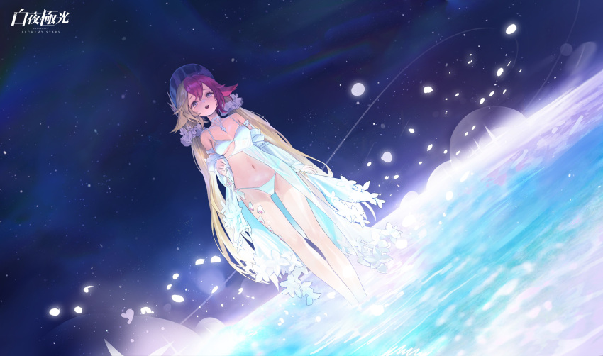 1girl absurdres agoto alchemy_stars bangs bare_shoulders bikini blonde_hair breasts collarbone detached_sleeves gronru_(alchemy_stars) hair_between_eyes hair_ornament highres long_hair low_twintails medium_breasts multicolored_hair navel night night_sky open_mouth red_hair shell shiny shiny_skin side-tie_bikini_bottom sky smile solo standing stomach swimsuit twintails very_long_hair water white_bikini yellow_eyes