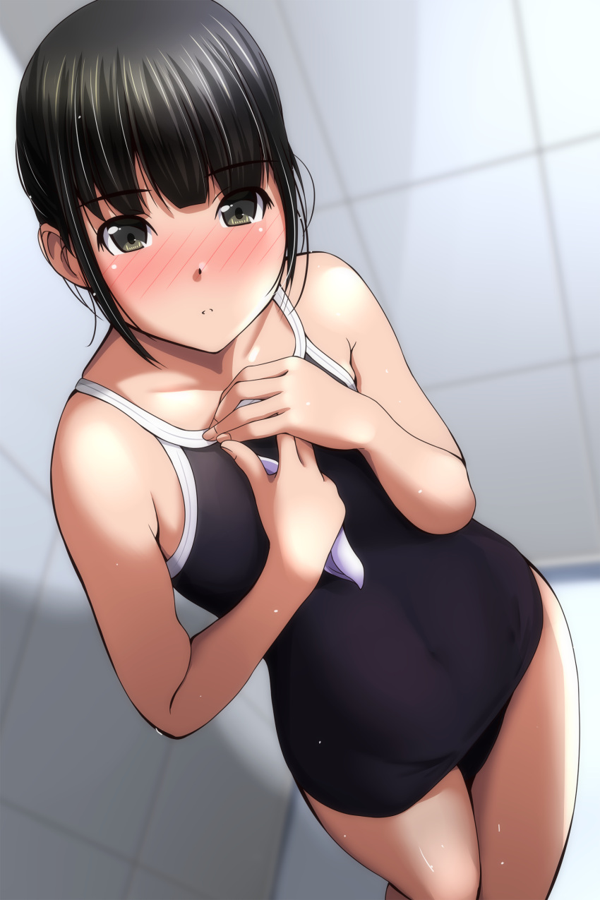 1girl absurdres bangs black_hair black_one-piece_swimsuit blunt_bangs blush brown_eyes covered_navel flat_chest highres long_hair looking_at_viewer matsunaga_kouyou one-piece_swimsuit original parted_lips solo standing swimsuit thighs wet