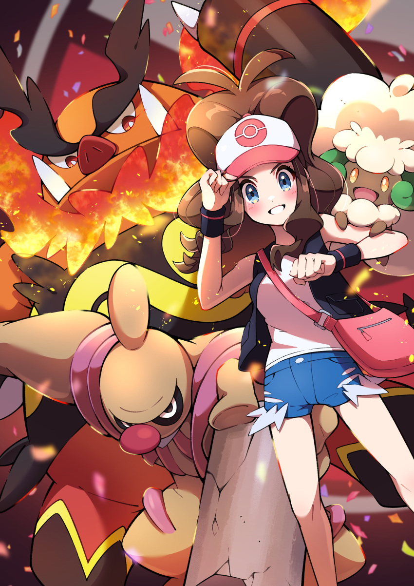 1girl absurdres antenna_hair bag baseball_cap black_vest black_wristband blue_eyes blue_shorts blush brown_hair commentary_request conkeldurr emboar eyelashes grin hat high_ponytail highres hilda_(pokemon) long_hair pink_bag pokemon pokemon_(creature) pokemon_(game) pokemon_bw pon_yui shirt short_shorts shorts shoulder_bag sidelocks sleeveless sleeveless_shirt smile vest whimsicott white_shirt wristband