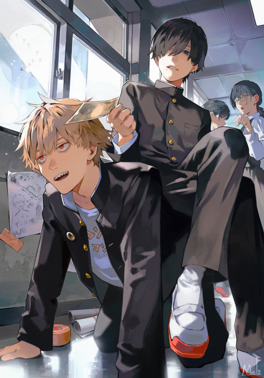 2boys 2girls absurdres all_fours bangs black_eyes black_hair black_jacket black_pants blonde_hair chainsaw_man denji_(chainsaw_man) drawing ear_piercing hair_over_one_eye highres holding holding_money human_chair human_furniture indoors jacket kyuuba_melo looking_at_another mitaka_asa mole mole_under_mouth money multiple_boys multiple_girls open_clothes open_jacket open_mouth pants piercing pointing pointing_at_another red_eyes scar scar_on_cheek scar_on_face sharp_teeth shirt shoes short_hair sitting sitting_on_person tape teeth white_footwear white_shirt wind yellow_eyes yoru_(chainsaw_man) yoshida_hirofumi