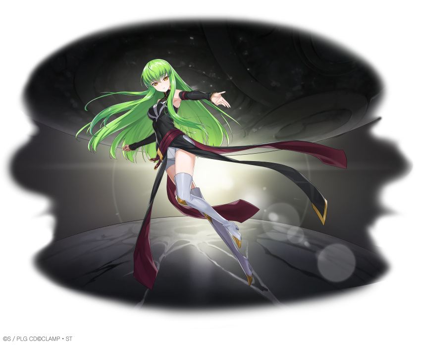 1girl absurdres armpits bare_shoulders black_background black_dress black_sleeves boots c.c. code_geass counter:side detached_sleeves dress floating_hair full_body green_hair highres leg_up lens_flare long_hair looking_at_viewer official_art order_of_the_black_knights_uniform outstretched_arm outstretched_hand parted_lips planet short_shorts shorts solo space star_(sky) tachi-e teeth thigh_boots transparent_background very_long_hair white_footwear white_shorts yellow_eyes