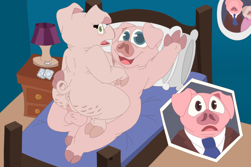 anthro balls belly big_butt blue_eyes blush bodily_fluids breasts butt clothing cum digital_media_(artwork) domestic_pig duo erection female female_penetrated genital_fluids genitals group gunter_(sing) hi_res illumination_entertainment infidelity male male/female male_penetrating male_penetrating_female mammal mature_female nipples nude open_mouth overweight overweight_male penetration penis pussy rosita_(sing) sex simple_background sing_(movie) size_difference smile suid suina sus_(pig) tongue vaginal vaginal_penetration