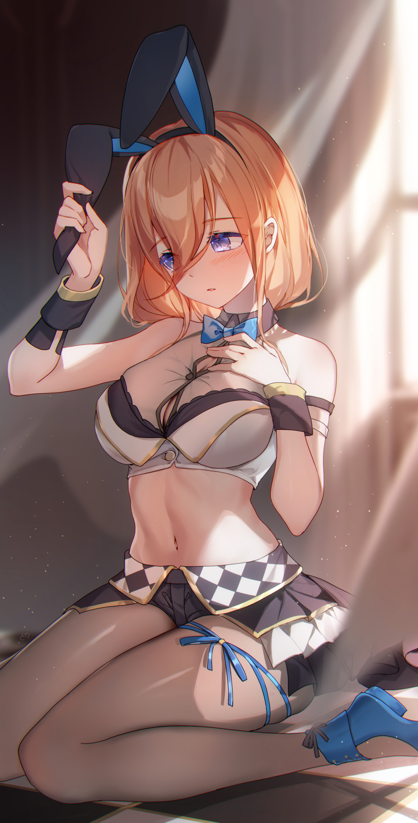 1girl absurdres animal_ears bare_shoulders bison_cangshu black_hairband black_shorts black_skirt blue_bow blue_bowtie blue_ribbon blush bow bowtie breasts brown_pantyhose button_gap cleavage crop_top day fake_animal_ears frilled_skirt frills go-toubun_no_hanayome hair_between_eyes hairband hand_on_own_chest highres indoors large_breasts layered_skirt leg_ribbon light_rays long_hair looking_away looking_down nakano_miku navel on_bed orange_hair pantyhose pantyhose_under_shorts parted_lips purple_eyes rabbit_ears ribbon short_shorts shorts showgirl_skirt sitting skirt sleeveless solo stomach sunbeam sunlight thigh_ribbon traditional_bowtie wariza window wrist_cuffs