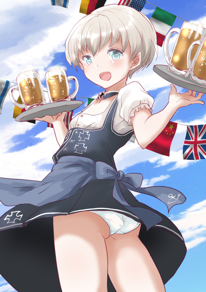1girl alcohol american_flag anchor_symbol apron ass beer beer_mug blue_apron blue_dress blue_eyes blue_sky cloud cowboy_shot cup day dirndl dress flat_chest fuji_(pixiv24804665) german_clothes german_flag highres holding holding_tray israeli_flag italian_flag kantai_collection looking_at_viewer looking_back mug official_alternate_costume panties people's_republic_of_china_flag pinafore_dress shirt short_hair short_sleeves sky solo string_of_flags tray underwear union_jack waitress white_hair white_panties white_shirt z1_leberecht_maass_(kancolle)