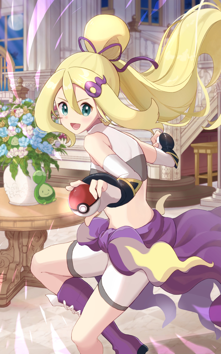 1girl :d alternate_color bangs bare_shoulders blonde_hair blush boots budew commentary_request elbow_gloves floating_hair flower gloves green_eyes hair_between_eyes hair_ribbon haru_(haruxxe) highres holding holding_poke_ball indoors korrina_(pokemon) long_hair official_alternate_costume open_mouth poke_ball poke_ball_(basic) pokemon pokemon_(game) pokemon_masters_ex purple_footwear purple_ribbon ribbon shorts smile solo stairs table tongue white_shorts window
