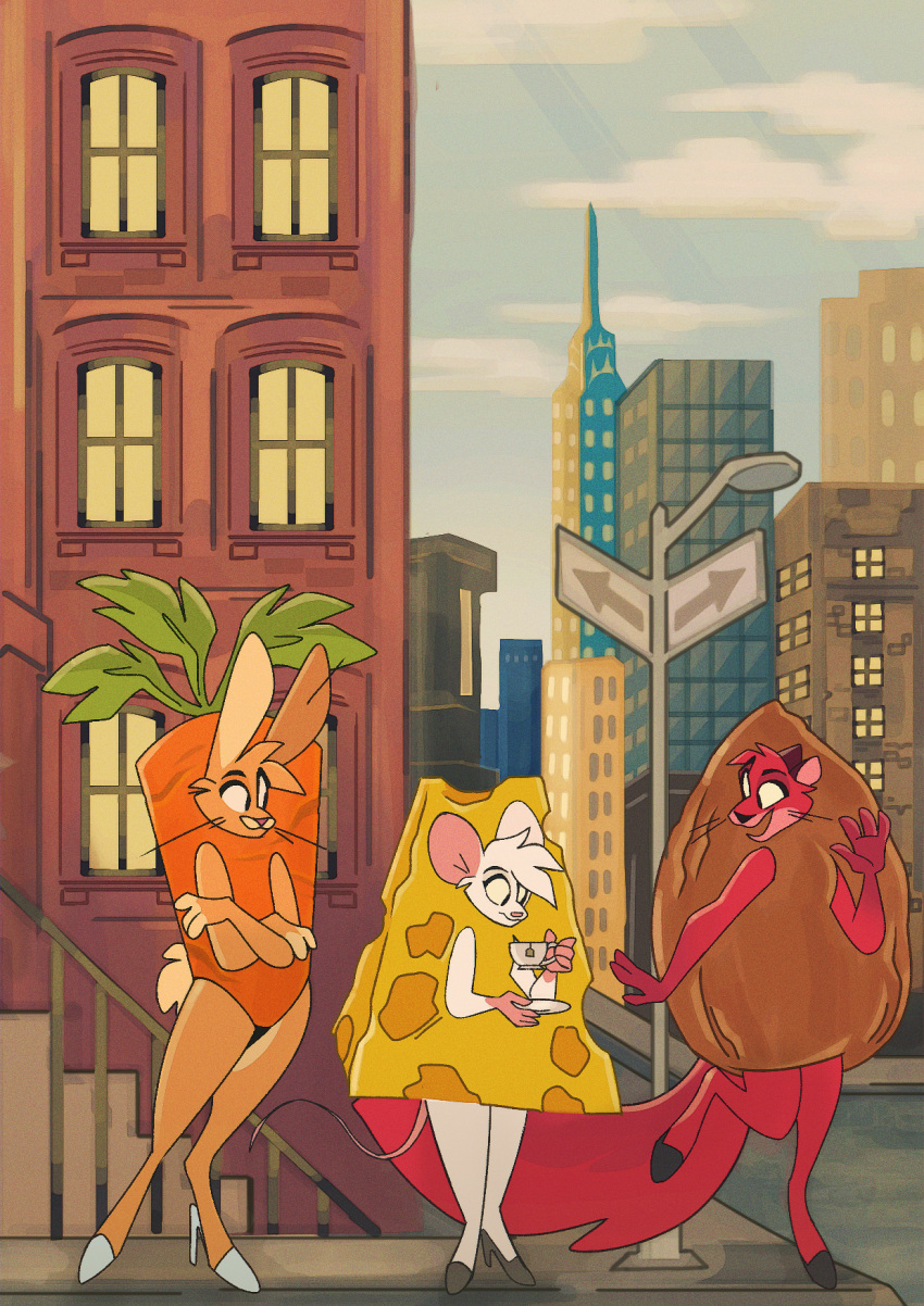 almond_costume anthro carrot carrot_costume cheese cheese_costume clothing costume dairy_products female food food_costume group hi_res kigtoons lagomorph leporid luchitapaint mammal mouse murid murine plant rabbit rodent sciurid trio vegetable