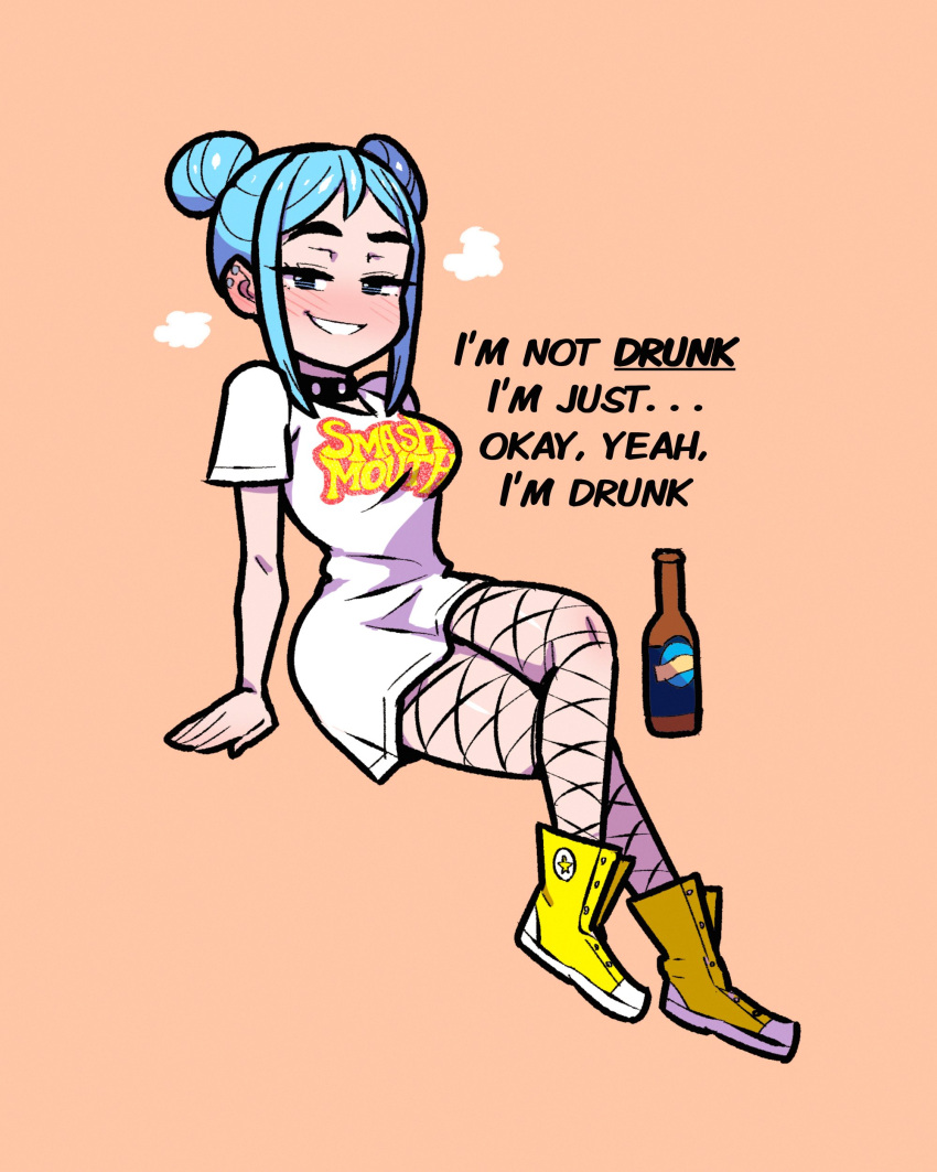 1girl absurdres akairiot band_shirt beer_bottle blue_eyes blue_hair blush breasts breathing chibi crossed_legs double_bun ear_piercing english_text fishnet_thighhighs fishnets full_body grin hair_bun high_tops highres invisible_chair iru_may_(akairiot) light_blush looking_at_viewer medium_breasts merchandise naughty_face orange_background original piercing shirt shoes short_sleeves sidelocks simple_background sitting smile sneakers solo studded_choker thighhighs white_shirt