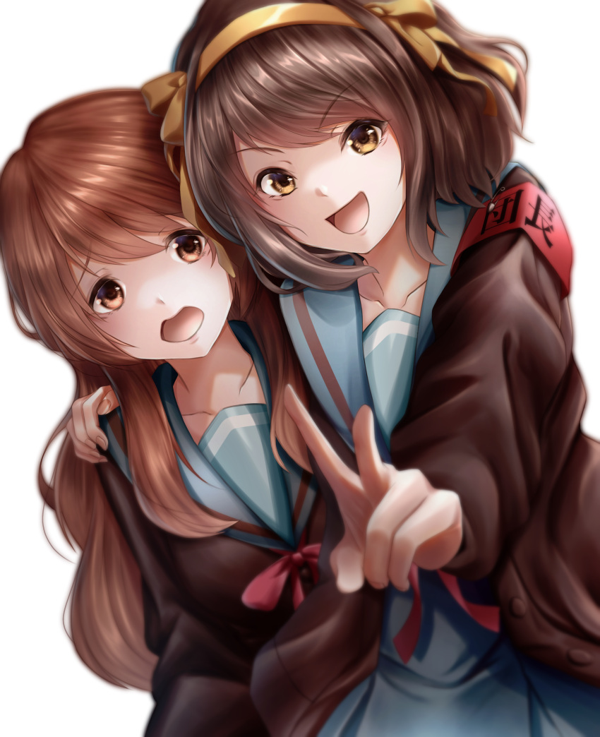 2girls :d absurdres armband asahina_mikuru bangs blue_sailor_collar blue_skirt brown_cardigan brown_eyes brown_hair cardigan collarbone hair_ribbon hairband hand_on_another's_shoulder highres kawazuya0096 kita_high_school_uniform long_hair long_sleeves looking_at_viewer multiple_girls open_mouth orange_hair paperclip red_ribbon ribbon sailor_collar school_uniform serafuku short_hair simple_background skirt smile suzumiya_haruhi suzumiya_haruhi_no_shoushitsu suzumiya_haruhi_no_yuuutsu swept_bangs v white_background yellow_hairband