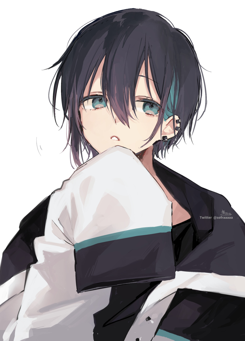 1boy absurdres bangs black_hair black_shirt blue_eyes blue_hair ear_piercing earrings hair_between_eyes hand_up highres jacket jewelry long_sleeves looking_at_viewer male_focus mayuzumi_kai multicolored_hair nijisanji open_clothes open_jacket parted_lips piercing shirt signature simple_background sleeves_past_fingers sleeves_past_wrists sofra solo streaked_hair twitter_username virtual_youtuber white_background white_jacket